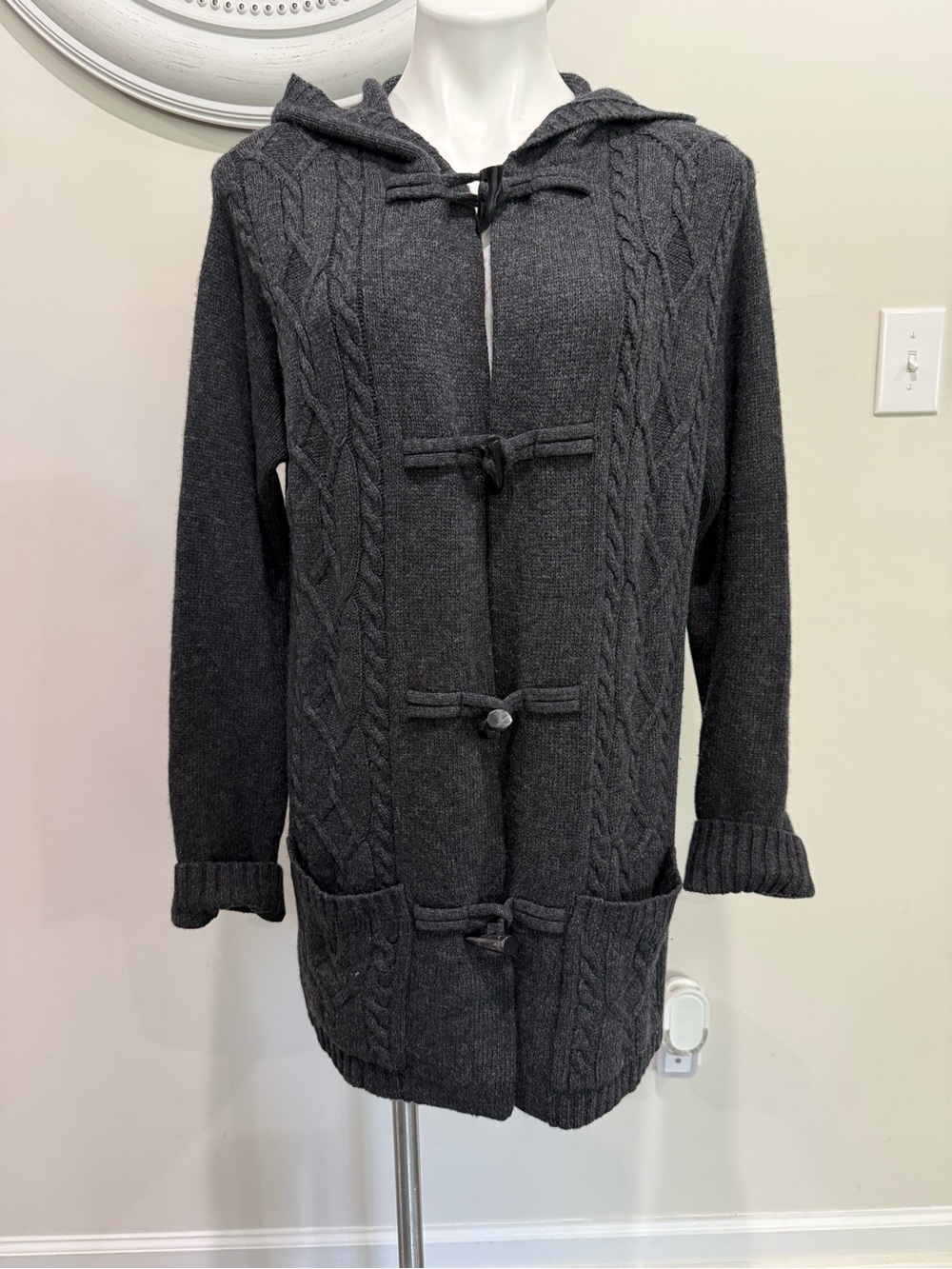 Lauren Ralph Lauren Cable Womens Knit Toggle Hooded Cardigan Sweater Gray Small